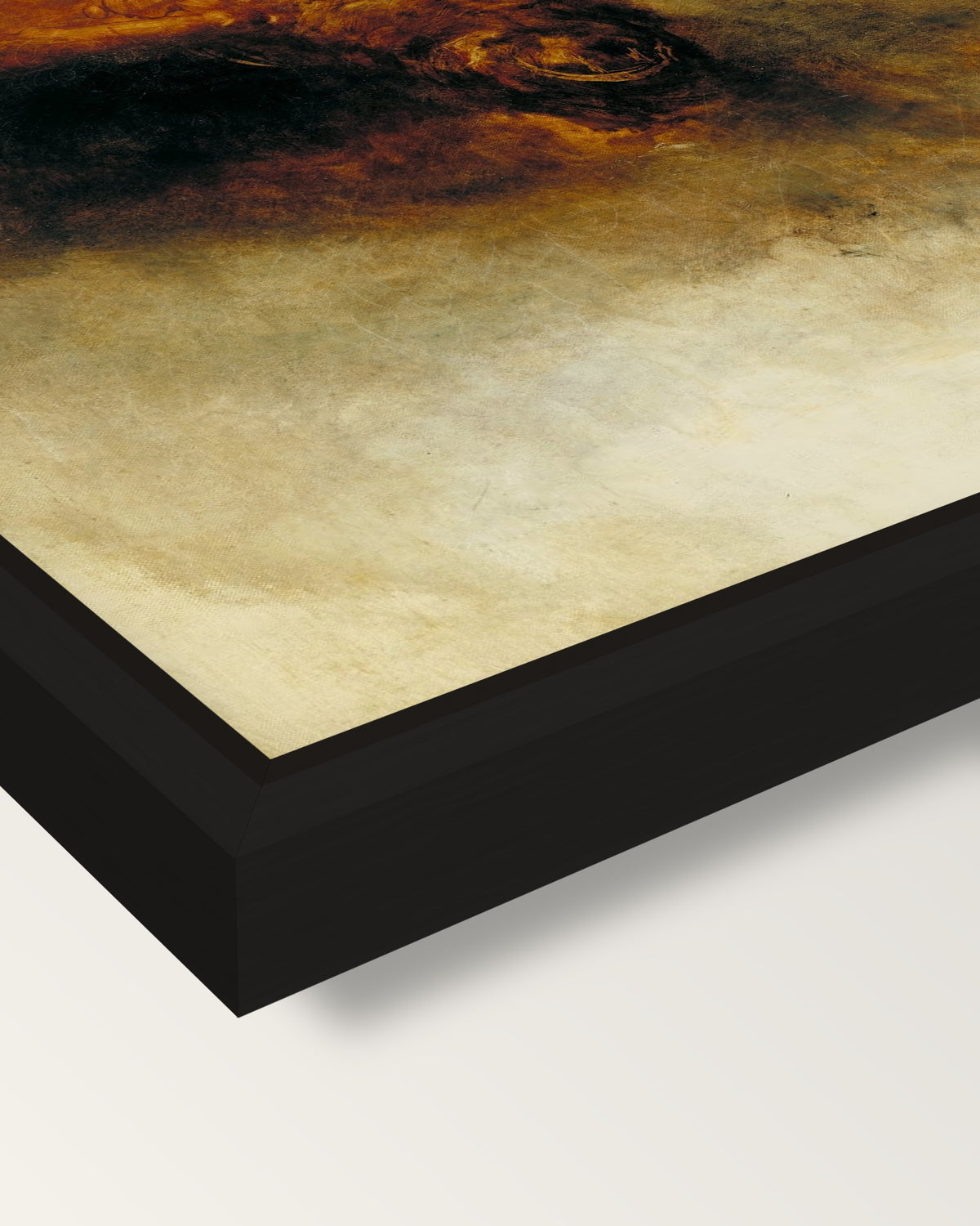 Death on a Pale Horse by Turner framed canvas, corner close-up: a black floating frame with a shadow gap round the canvas