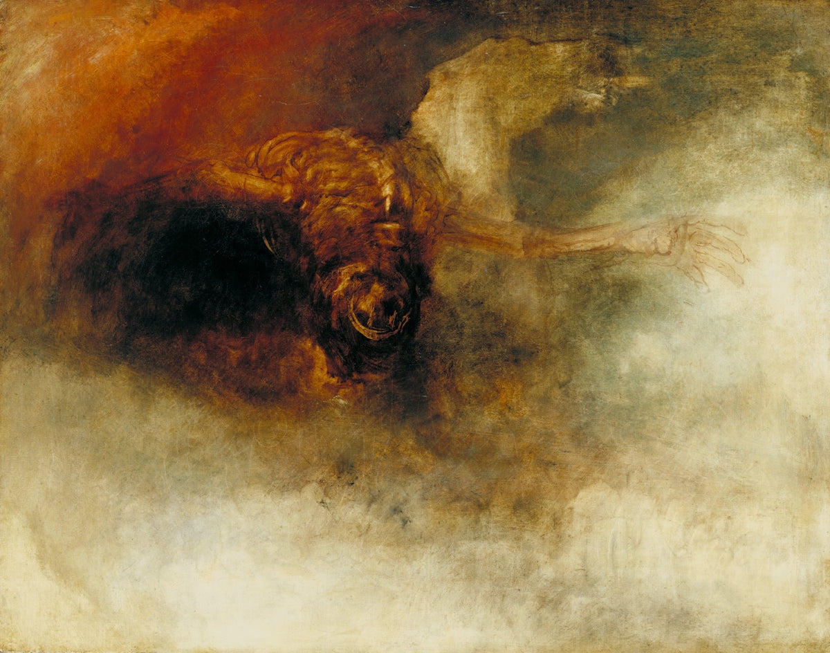 Death on a Pale Horse by J. M. W. Turner: a pale skeleton draped over a dark horse in a fiery red and gold haze