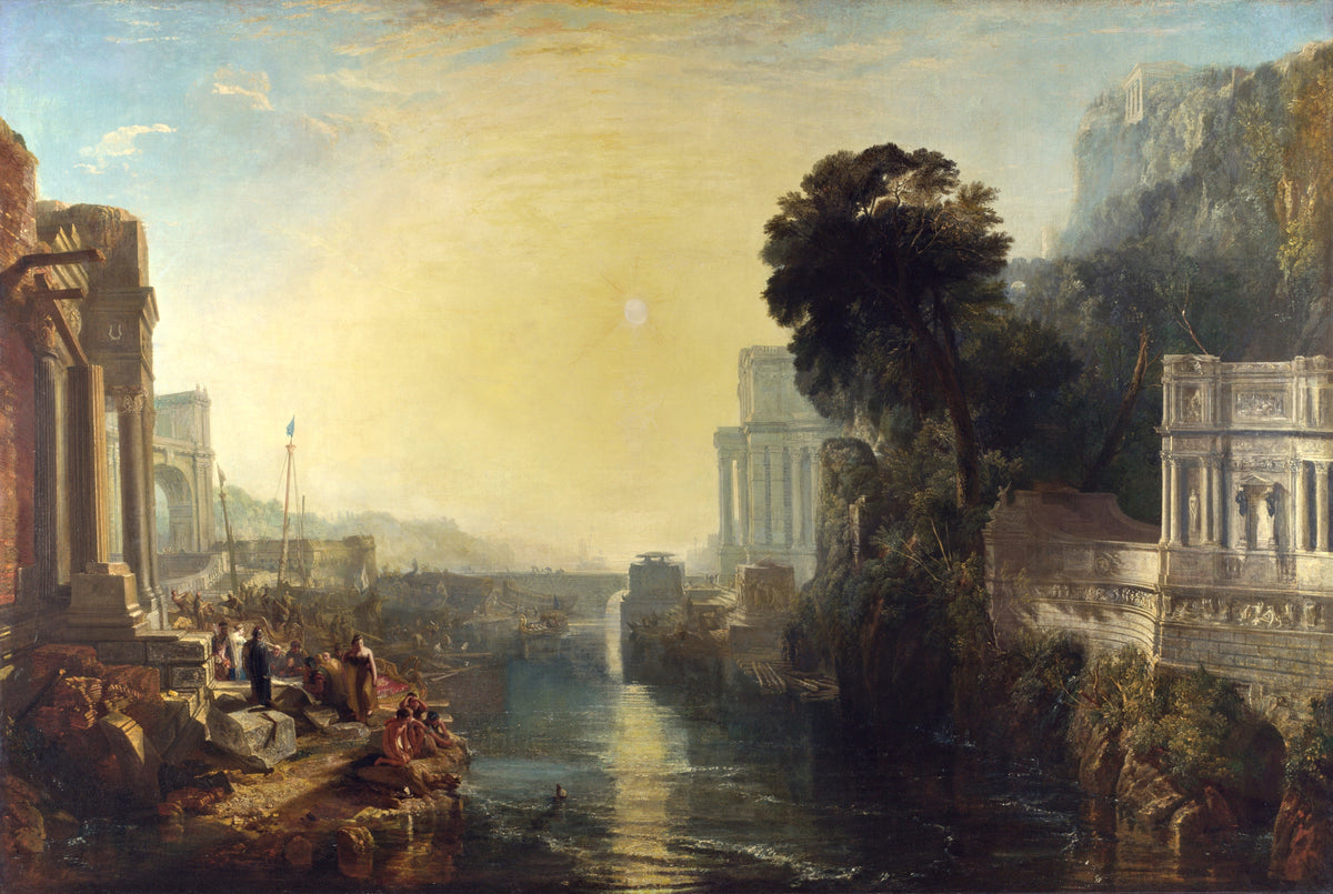 Dido building Carthage by Turner: a golden sun over a harbour lined with grand classical buildings, figures on the shore