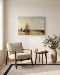 Dort Packet-Boat Becalmed by J. M. W. Turner as a stretched canvas above a linen lounge chair in a reading corner