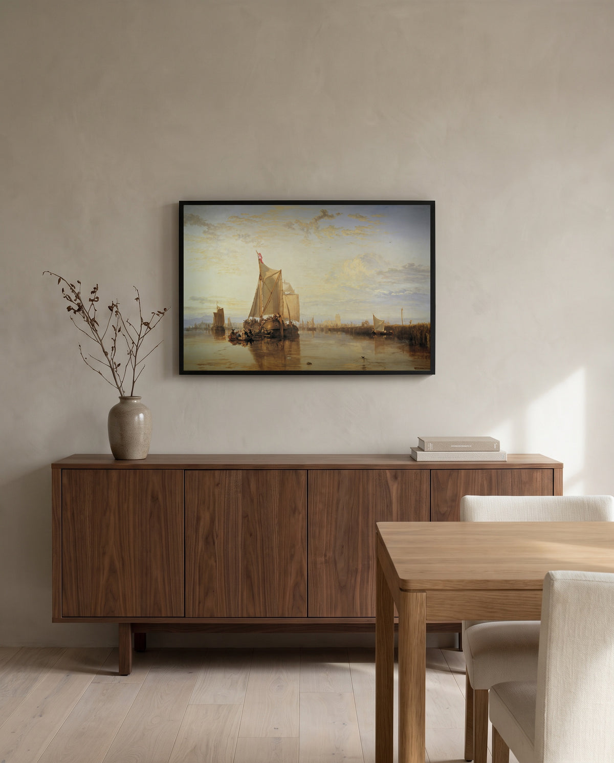 Dort Packet-Boat Becalmed by J. M. W. Turner in a black frame above a walnut sideboard in a dining room