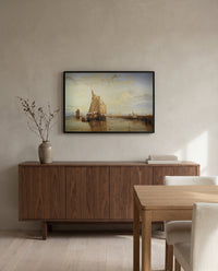 Dort Packet-Boat Becalmed by J. M. W. Turner in a black frame above a walnut sideboard in a dining room