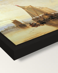 Dort Packet-Boat Becalmed by Turner framed canvas, corner close-up: a black floating frame with a shadow gap round the canvas