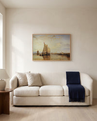 Dort Packet-Boat Becalmed by J. M. W. Turner framed in natural oak above a cream sofa in a warm living room