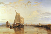 Dort or Dordrecht by Turner: a crowded sailing packet-boat becalmed on still golden water, reflections and pale clouds