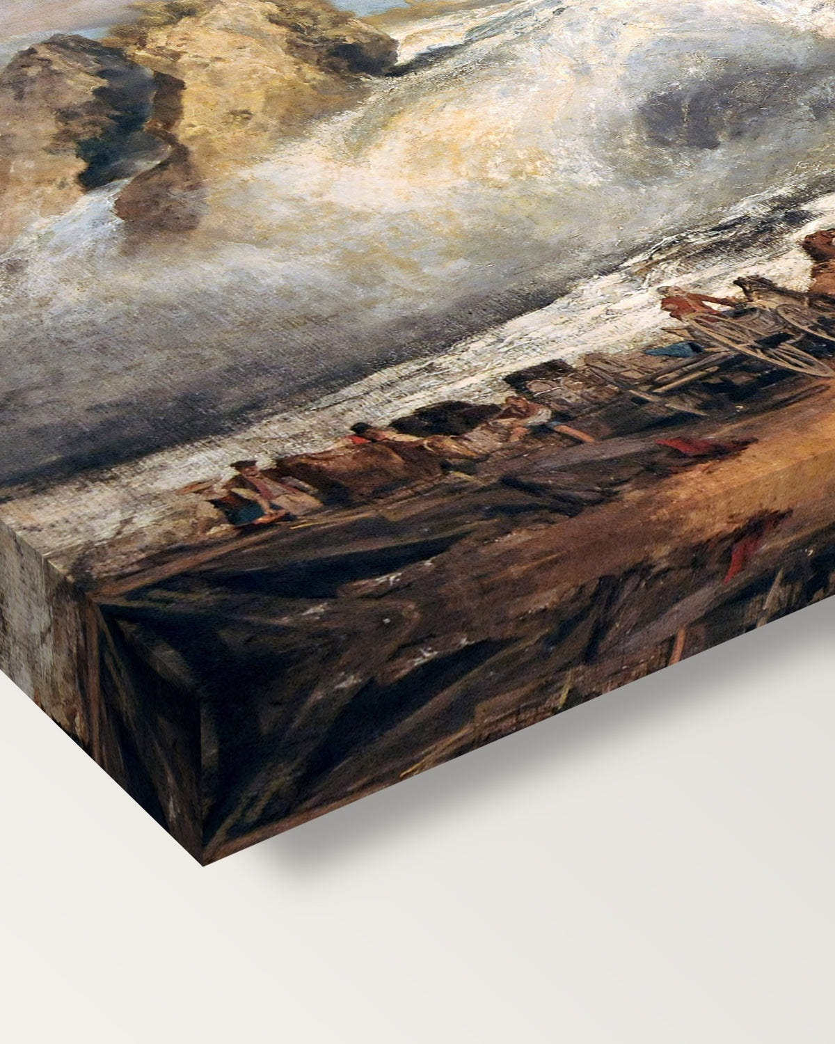 Fall of the Rhine by J. M. W. Turner on stretched canvas, corner close-up: the painting mirror-wrapped round the sides