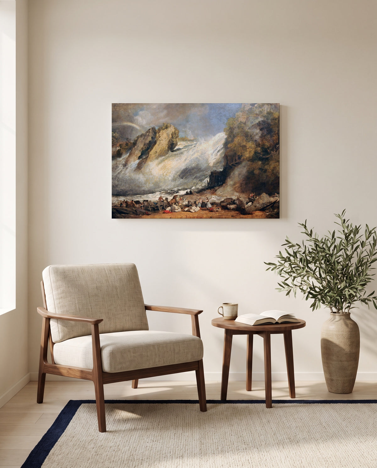 Fall of the Rhine by J. M. W. Turner as a stretched canvas above a linen lounge chair in a reading corner