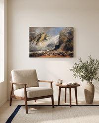 Fall of the Rhine by J. M. W. Turner as a stretched canvas above a linen lounge chair in a reading corner