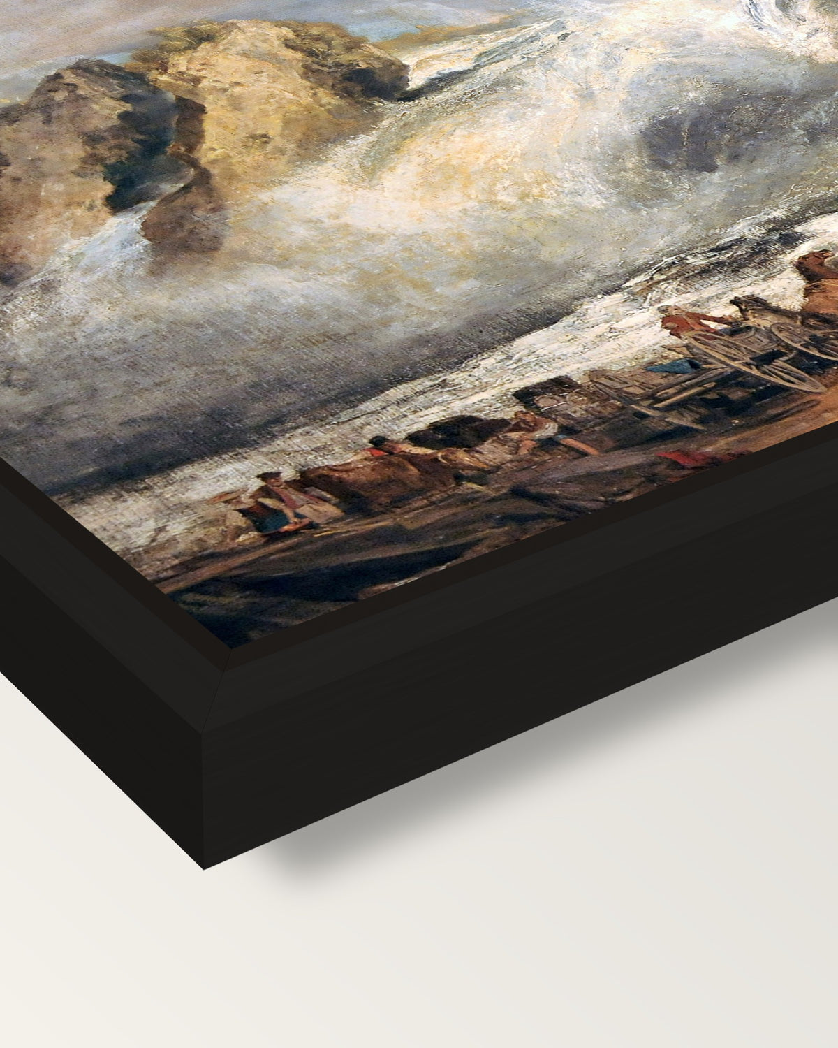 Fall of the Rhine by Turner framed canvas, corner close-up: a black floating frame with a shadow gap round the canvas