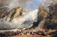 Fall of the Rhine at Schaffhausen by Turner: white water crashing over rocks, a rainbow, travellers and horses on the bank