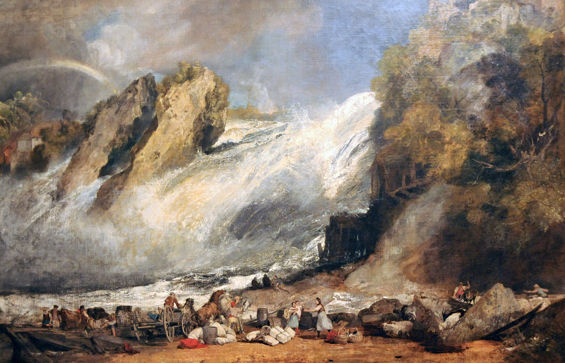 Fall of the Rhine at Schaffhausen by Turner: white water crashing over rocks, a rainbow, travellers and horses on the bank