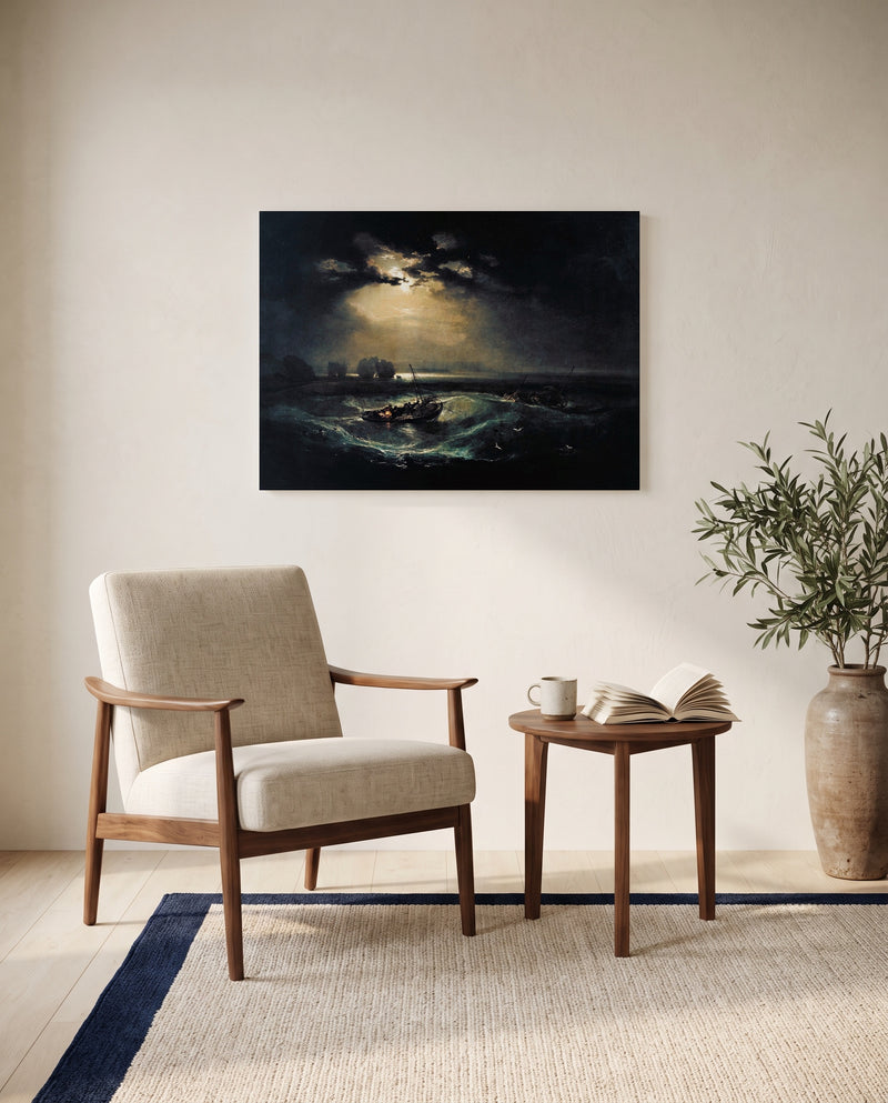 Fishermen at Sea by J. M. W. Turner as a stretched canvas above a linen lounge chair in a reading corner
