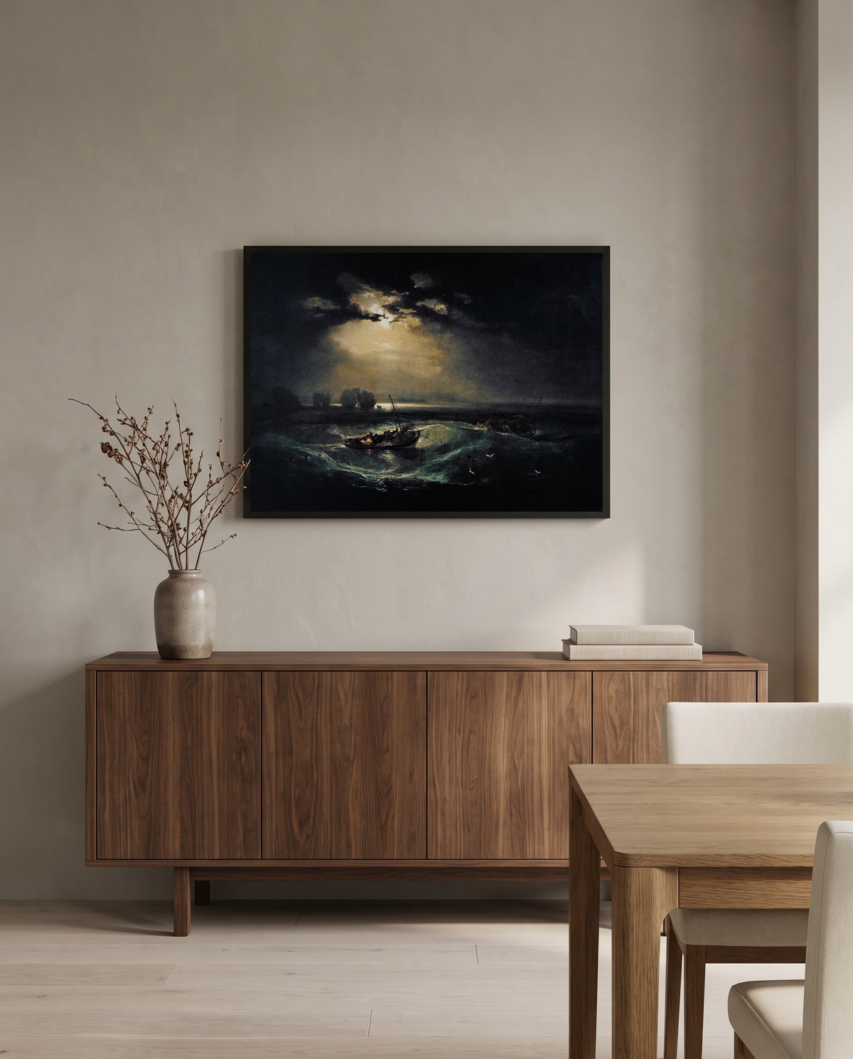 Fishermen at Sea by J. M. W. Turner in a black frame above a walnut sideboard in a dining room