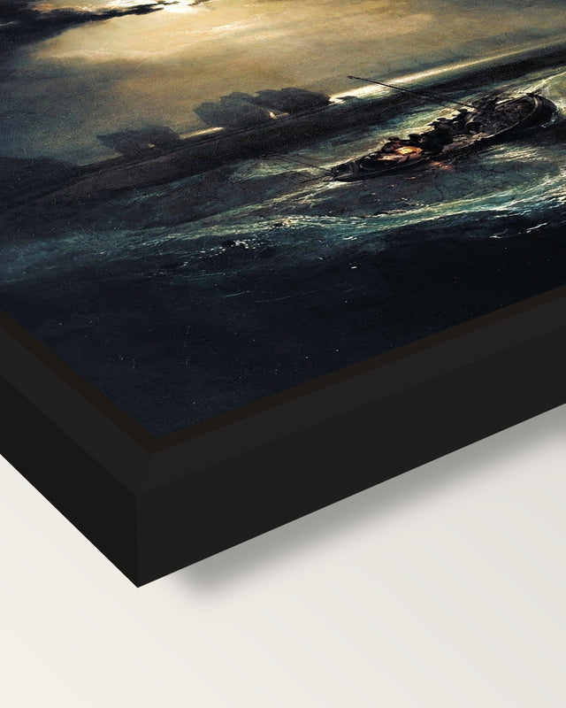 Fishermen at Sea by J. M. W. Turner framed canvas, corner close-up: a black floating frame with a shadow gap round the canvas