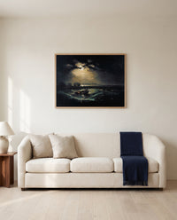 Fishermen at Sea by J. M. W. Turner framed in natural oak above a cream sofa in a warm living room