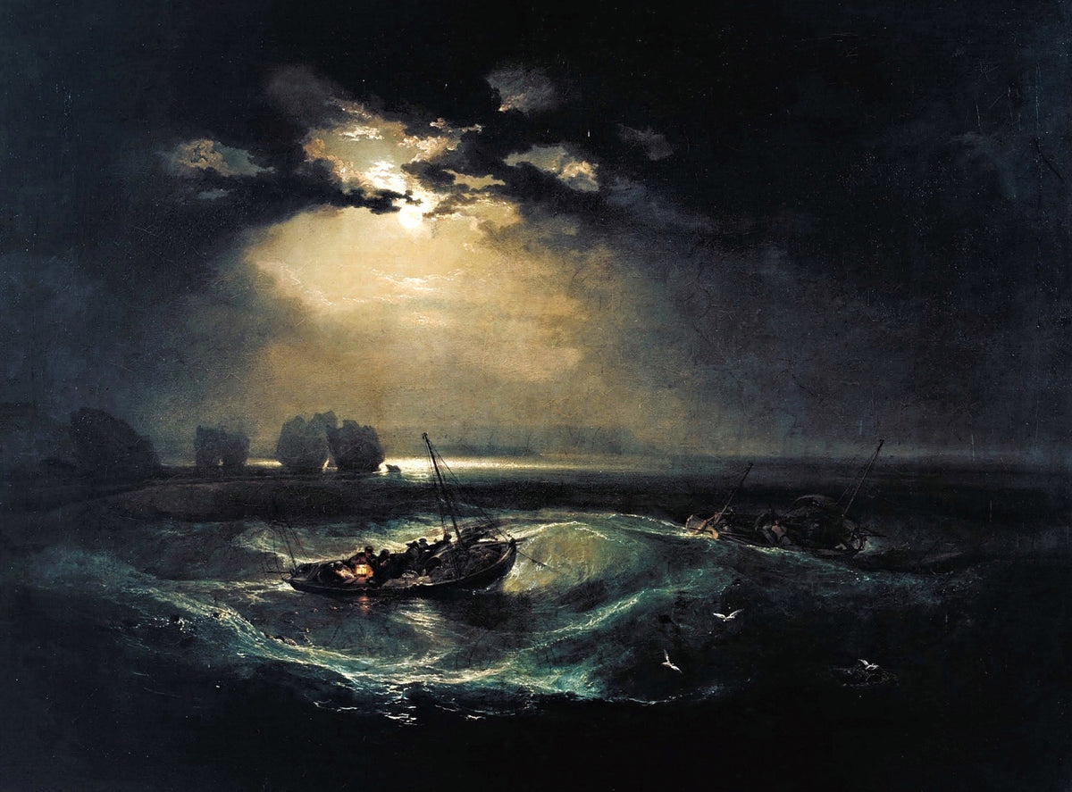 Fishermen at Sea by Turner: a small fishing boat on dark rough water under a bright moon breaking through clouds