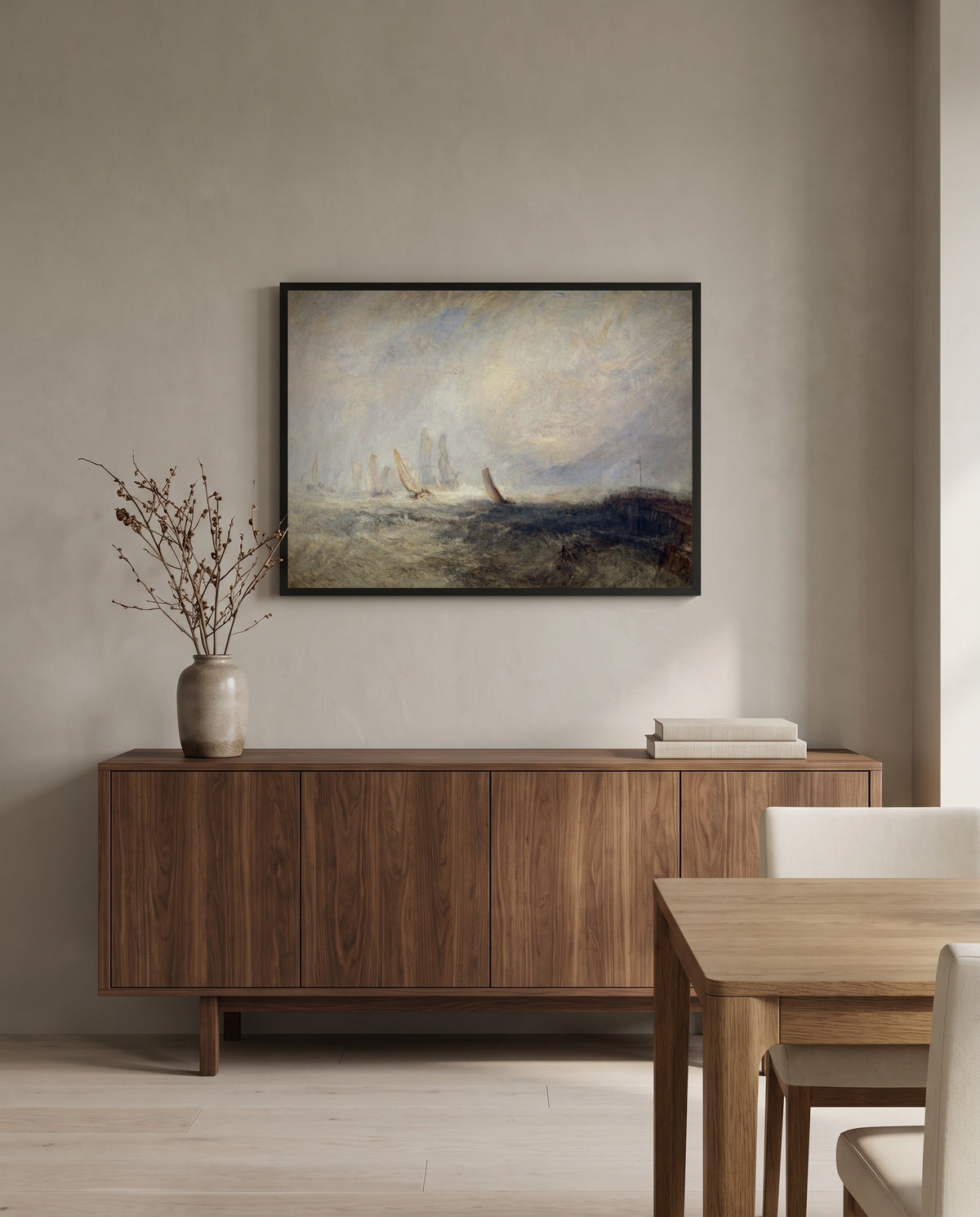 Port Ruysdael by J. M. W. Turner in a black frame above a walnut sideboard in a dining room