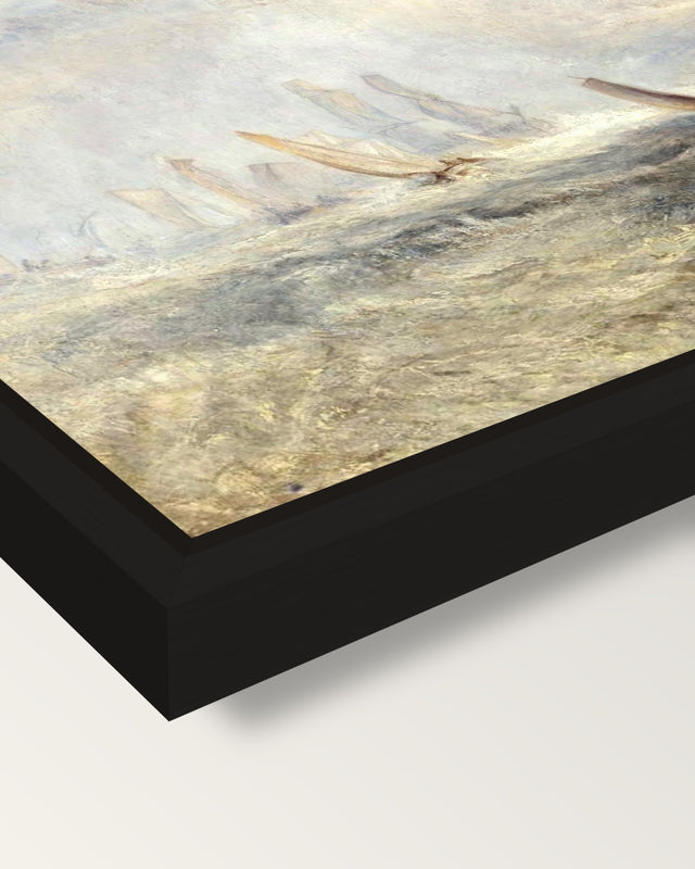 Port Ruysdael by J. M. W. Turner framed canvas, corner close-up: a black floating frame with a shadow gap round the canvas