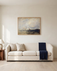 Port Ruysdael by J. M. W. Turner framed in natural oak above a cream sofa in a warm living room