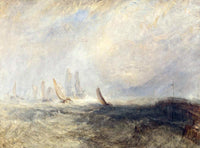 Port Ruysdael by Turner: small fishing boats towing a disabled ship through rough grey water toward a jetty