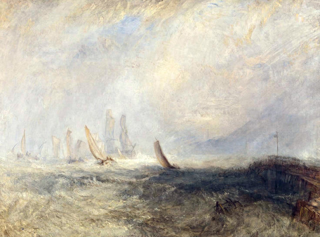 Port Ruysdael by Turner: small fishing boats towing a disabled ship through rough grey water toward a jetty
