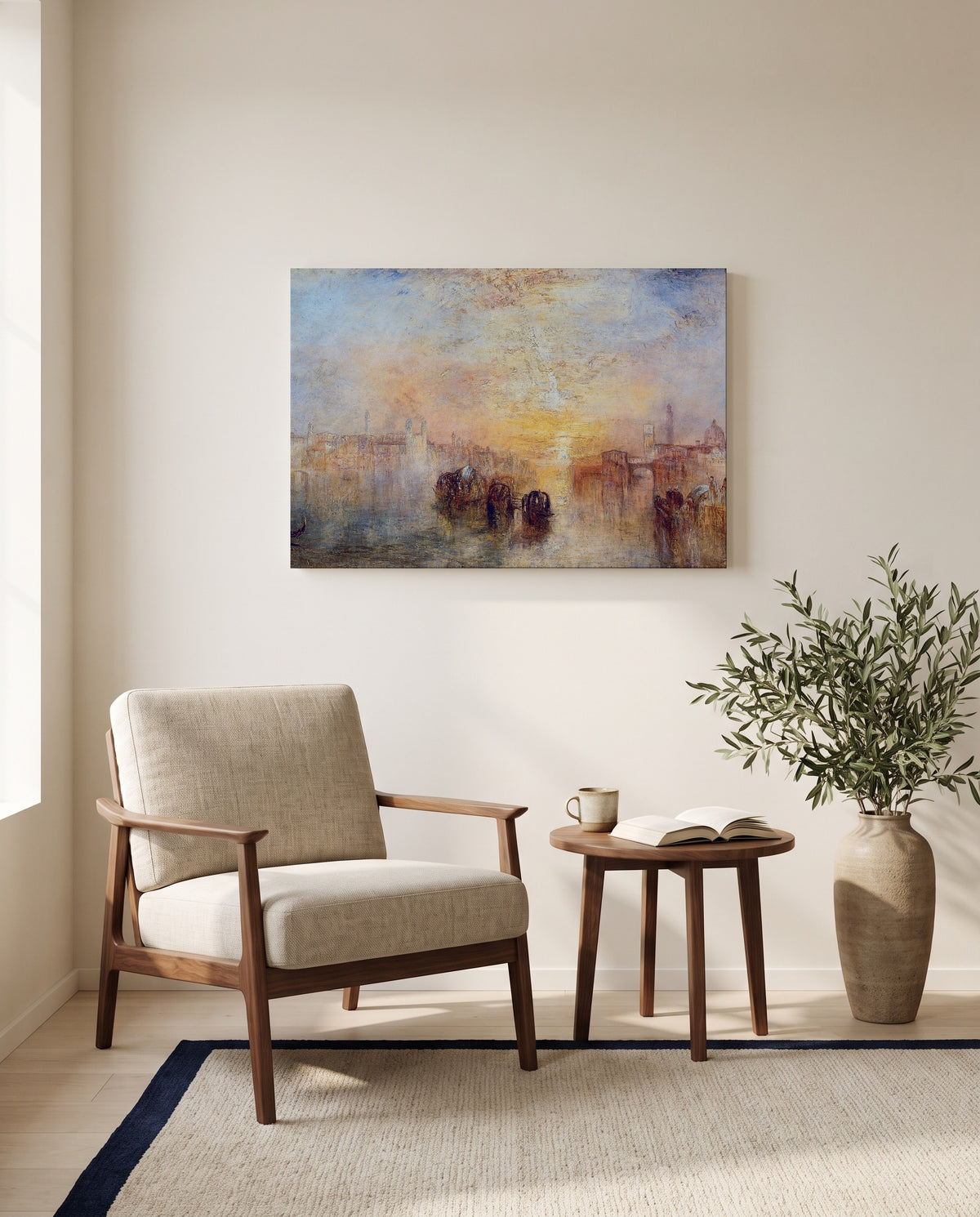 Going to the Ball by J. M. W. Turner as a stretched canvas above a linen lounge chair in a reading corner