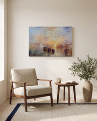 Going to the Ball by J. M. W. Turner as a stretched canvas above a linen lounge chair in a reading corner