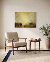 Hurrah for the Erebus! by J. M. W. Turner as a stretched canvas above a linen lounge chair in a reading corner