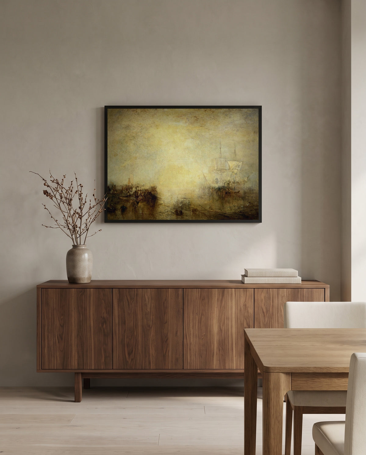Hurrah for the Erebus! by J. M. W. Turner in a black frame above a walnut sideboard in a dining room