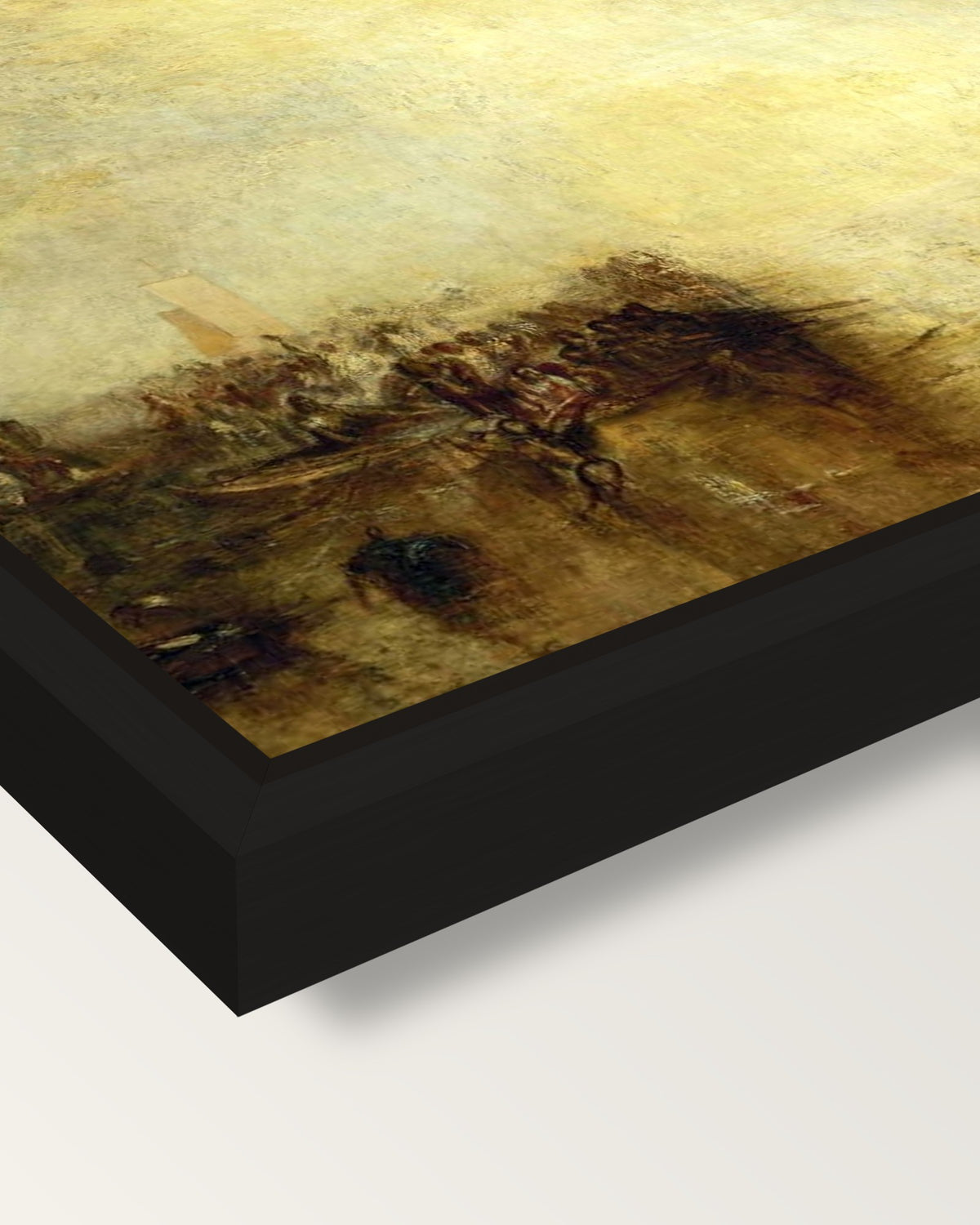 Hurrah for the Erebus! by Turner framed canvas, corner close-up: a black floating frame with a shadow gap round the canvas