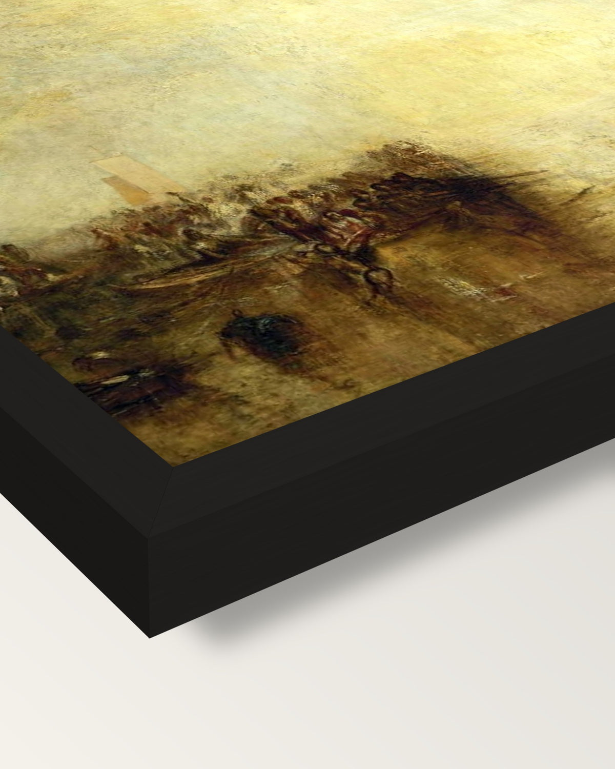 Hurrah for the Erebus! by Turner framed print, corner close-up: black moulding, mitred, the print set just below its edge