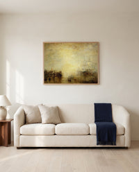 Hurrah for the Erebus! by J. M. W. Turner framed in natural oak above a cream sofa in a warm living room