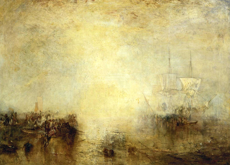 Hurrah for the Whaler Erebus by Turner: a sailing ship looming in a golden haze, small boats and crews in the foreground