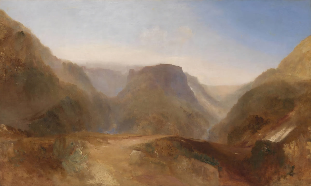 Italian Landscape by J. M. W. Turner: steep brown hills around a deep valley under a soft blue sky