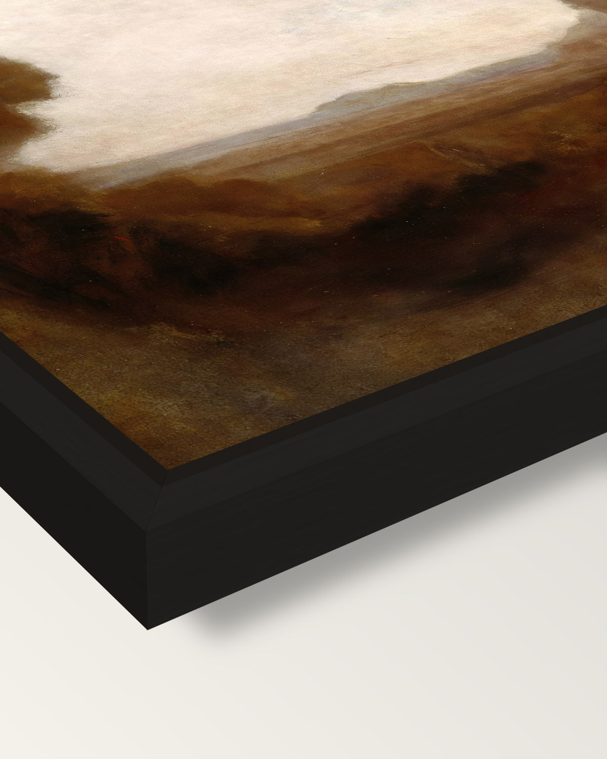 Italian Landscape with Tower framed canvas, corner close-up: a black floating frame with a shadow gap round the canvas