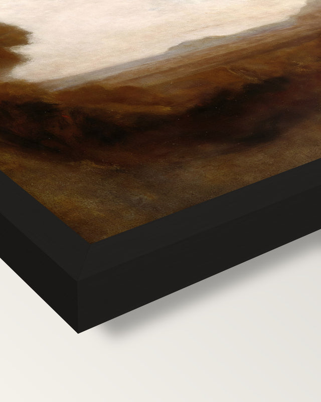 Italian Landscape with Tower framed print, corner close-up: black moulding, mitred, the print set just below its edge