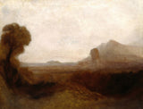 Italian Landscape with a Tower by J. M. W. Turner: a dark tree, a pale plain and a rocky hill with a tower under a hazy sky