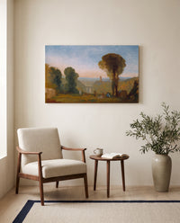 Bridge and Tower by J. M. W. Turner as a stretched canvas above a linen lounge chair in a reading corner
