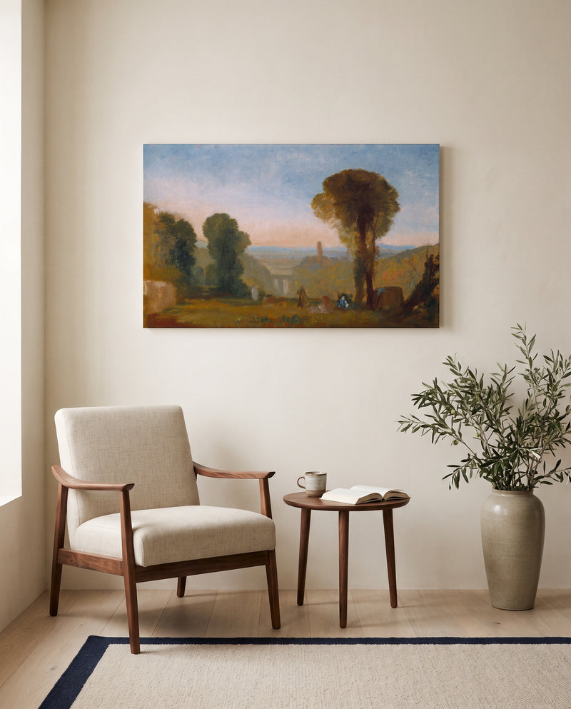 Bridge and Tower by J. M. W. Turner as a stretched canvas above a linen lounge chair in a reading corner