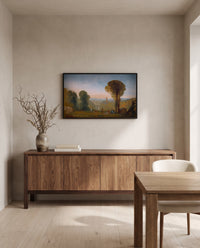 Bridge and Tower by J. M. W. Turner in a black frame above a walnut sideboard in a dining room