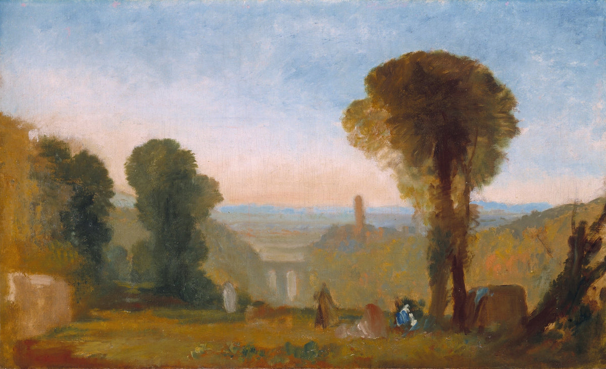 Italian Landscape with Bridge and Tower by J. M. W. Turner: an umbrella pine and a bridge in a hazy valley at evening