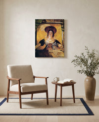 Jessica by J. M. W. Turner as a stretched canvas above a linen lounge chair in a reading corner