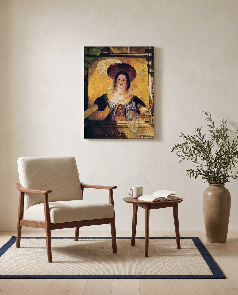 Jessica by J. M. W. Turner as a stretched canvas above a linen lounge chair in a reading corner