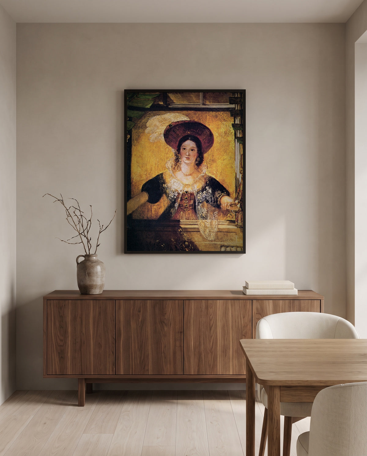 Jessica by J. M. W. Turner in a black frame above a walnut sideboard in a dining room