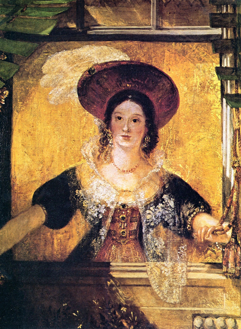 Jessica by Turner: a young woman in a wide hat and lace collar leaning from a window against a golden ground