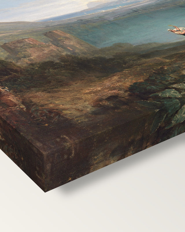 Lake Avernus by J. M. W. Turner on stretched canvas, corner close-up: the painting mirror-wrapped round the sides