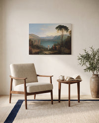 Lake Avernus by J. M. W. Turner as a stretched canvas above a linen lounge chair in a reading corner
