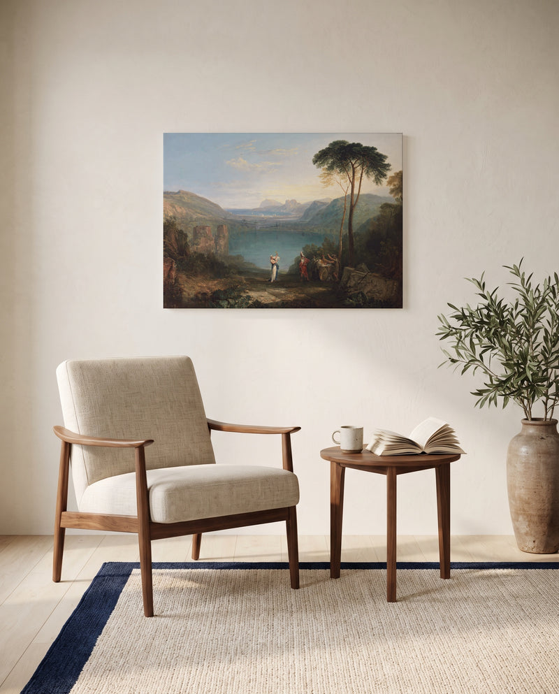 Lake Avernus by J. M. W. Turner as a stretched canvas above a linen lounge chair in a reading corner