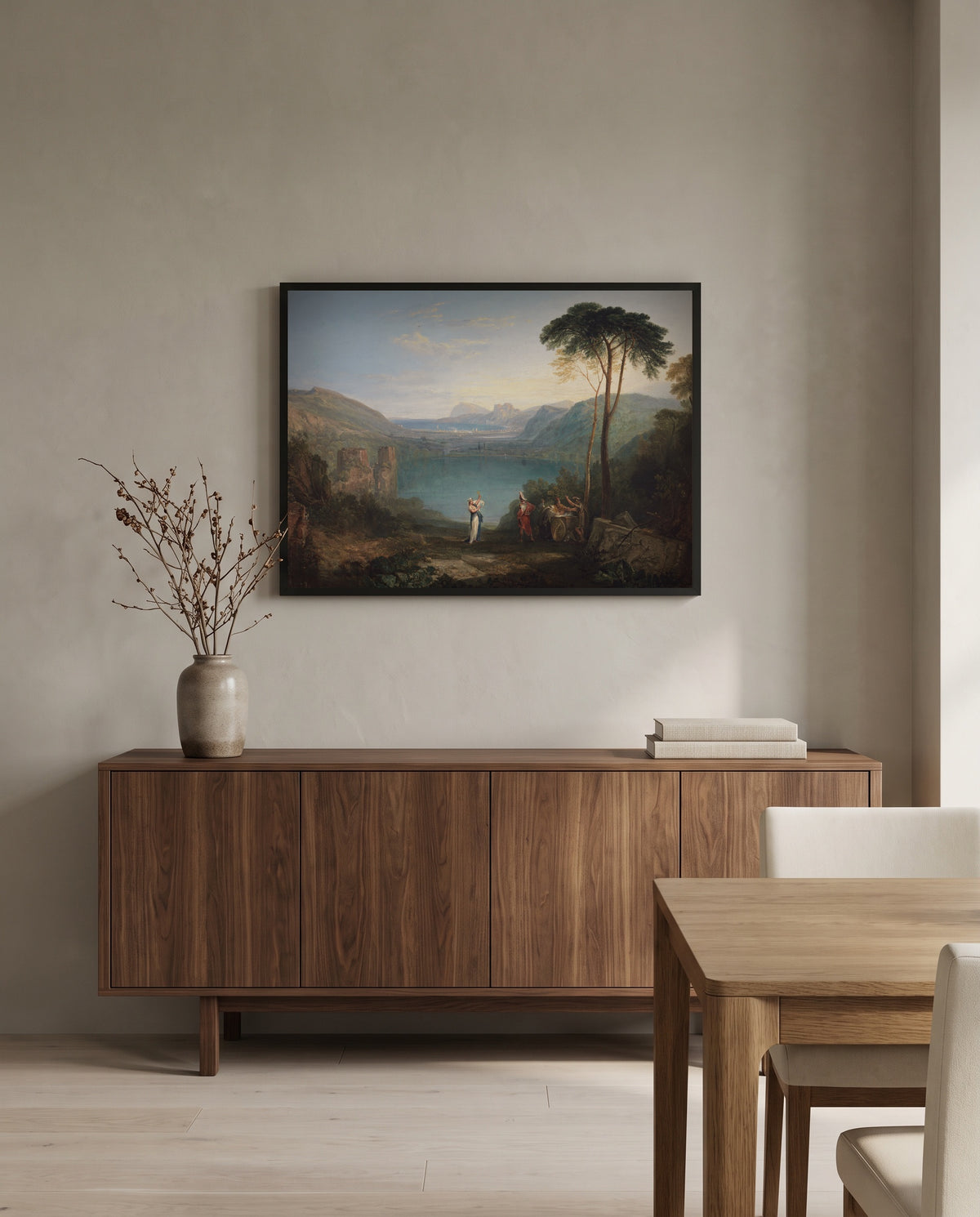 Lake Avernus by J. M. W. Turner in a black frame above a walnut sideboard in a dining room
