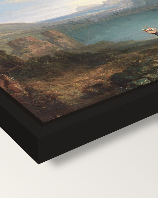 Lake Avernus by J. M. W. Turner framed canvas, corner close-up: a black floating frame with a shadow gap round the canvas